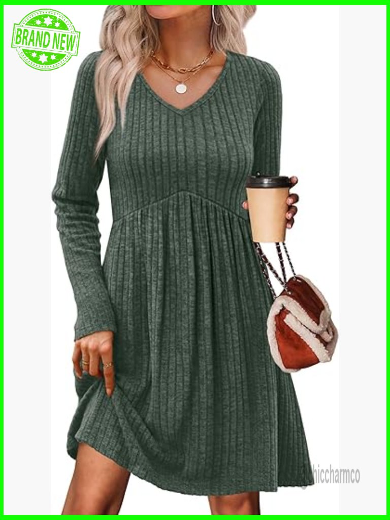 Long Sleeve V Neck Empire Waist Babydoll Sweater Dress With Pockets